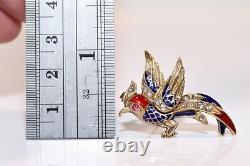 Antique Victorian Enamel 18k Gold Natural Rose Cut Diamond And Ruby Bird Brooch
