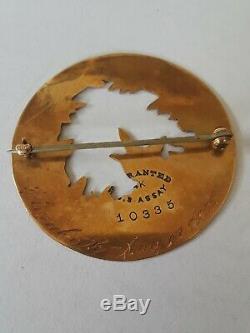 Antique Victorian Enamel Bird Flower Basket Circle Pin Brooch 14k Gold 1.39