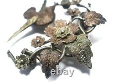 Antique Victorian English Silver Two Color Gold Humming Bird Flower Brooch