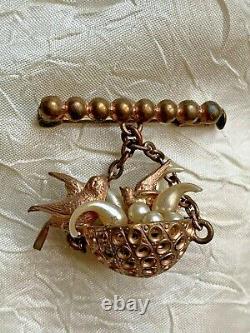 Antique Victorian French Brooch Suspended Nest w. Two birds, baroque pearls