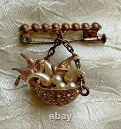 Antique Victorian French Brooch Suspended Nest w. Two birds, baroque pearls