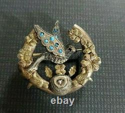 Antique Victorian Mixed Metals Gold Silver Turquoise Bird Brooch Pin, Nest