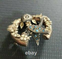 Antique Victorian Mixed Metals Gold Silver Turquoise Bird Brooch Pin, Nest