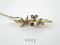 Antique Victorian Pearl 9k Gold Amethyst Swallow Bird Pin Sweetheart Bar Brooch