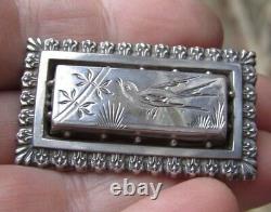 Antique Victorian Sterling Silver Shallow bird Etched Pin Brooch