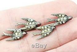 Antique Victorian Swallow Birds Brooch Fine Sterling Silver & Seed Pearls