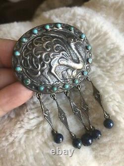 Antique Victorian Turquoise Bird Brooch 850 Silver Signed Ostrich