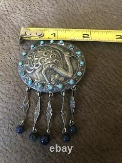 Antique Victorian Turquoise Bird Brooch 850 Silver Signed Ostrich