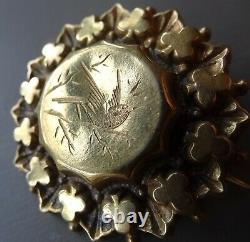 Antique Victorian gold plate bird flower locket back brooch c pin -C864