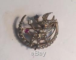Antique Vintage 14K Yellow Gold Seed Pearl Brooch Pin With Birds Ruby & Diamond