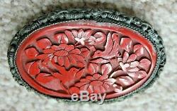 Antique Vintage Carved Cinnabar Love Birds Brooch Slide Jewellery China Stamp
