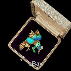 Antique Vintage Deco Gold Wash Chinese Turquoise Enamel Bird of Paradise Brooch