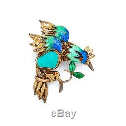 Antique Vintage Deco Gold Wash Chinese Turquoise Enamel Bird of Paradise Brooch