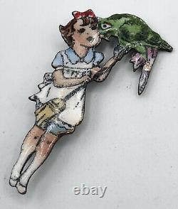 Antique Vintage Estate Czechoslovakia Girl With Parrot Bird Enamel Pin Brooch