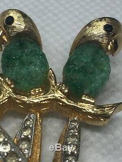 Antique Vintage Vermeil Gold Jadeite Textured 3 Parrot Brooch Pin Birds Branch