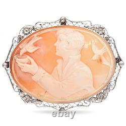 Antique White Gold Cameo Bird Catcher Brooch Pendant