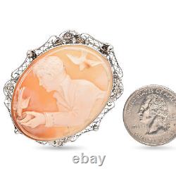 Antique White Gold Cameo Bird Catcher Brooch Pendant