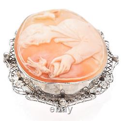 Antique White Gold Cameo Bird Catcher Brooch Pendant