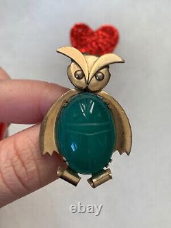 Antique brooch Bird Owl Green Jade 1/20 12K GFVintage 1900s-1920s Very Rare Pin