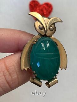 Antique brooch Bird Owl Green Jade 1/20 12K GFVintage 1900s-1920s Very Rare Pin