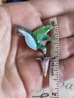 Antique brooch Bird w Flower Victorian Style Hummingbird Silver Enamel Rare Pin
