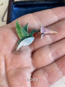 Antique brooch Bird w Flower Victorian Style Hummingbird Silver Enamel Rare Pin