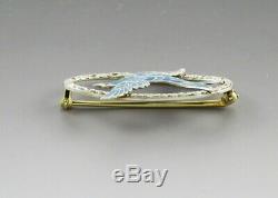 Antique c1920 14K White Yellow Gold Engraved Enamel Blue Song Bird Pin/Brooch