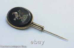 Antique micro mosaic bird in tree pin brooch 15ct solid gold mount 19th century