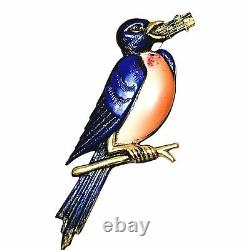 Antique vintage enamel singing blue bird brooch pin with music notes