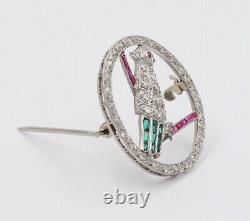 Art Deco Platinum, Diamond, Man Made Colored Stone Parrot Bird Brooch, Disc Pin