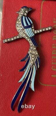 Art Deco Sterling Silver Rhinestone enamel Bird Of Paradise Brooch Pin Figural 3