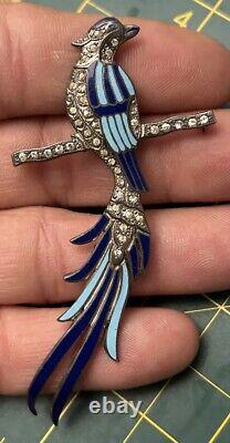 Art Deco Sterling Silver Rhinestone enamel Bird Of Paradise Brooch Pin Figural 3
