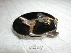 Art Nouveau Onyx 14K Gold Sterling Silver Humming Bird Floral Pin Brooch Antique