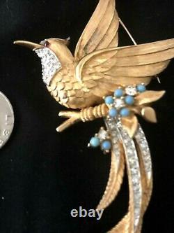 BIG Vintage BOUCHER Turquoise Bead & Rhinestone Figural Bird of Paradise Brooch