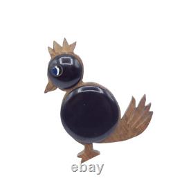 BKL436 Vintage brown Bakelite wood quail bird figural brooch