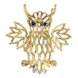 BROOCH 18K Yellow Gold Night Owl Bird Blue Lapis Pin Estate Jewelry Vintage