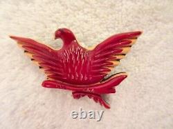 Bakelite Phoenix Bird Figure Brooch Layered Red Yellow MCM Vintage Crystal Eye