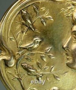 Beautiful Antique Art Nouveau 10K Gold Floral Birds Maiden Girl Lapel Pin Brooch