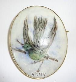 Beautiful Antique Gold Filled Hand Painted Swallow Bird Porcelain Brooch
