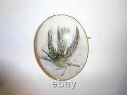 Beautiful Antique Gold Filled Hand Painted Swallow Bird Porcelain Brooch