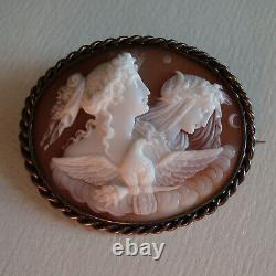 Beautiful Antique Victorian Carved Shell Cameo Brooch Of Night And Day Signed