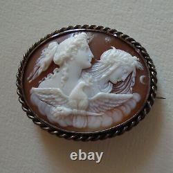Beautiful Antique Victorian Carved Shell Cameo Brooch Of Night And Day Signed