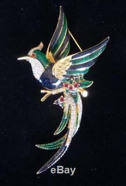 Beautiful Vintage D'Orlan Enamel Rhinestone Bird of Paradise Brooch