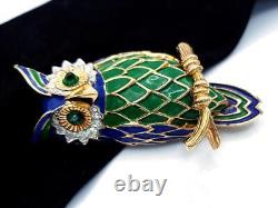 Beautiful Vintage JOMAZ Blue & Green Enamel, Cabochon & Rhinestone Owl On Perch
