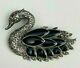 Big Black Swan Brooch Sterling Silver Marcasite Onyx Pin Nos 925 Statement Vtg