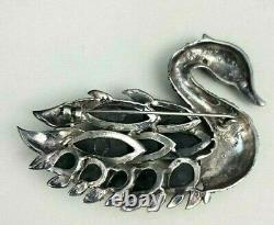 Big Black Swan Brooch Sterling Silver Marcasite Onyx Pin NOS 925 Statement Vtg