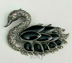 Big Black Swan Brooch Sterling Silver Marcasite Onyx Pin NOS 925 Statement Vtg