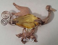Big Vintage Sterling Silver Yellow Rhinestone Bird Flower Pin Brooch