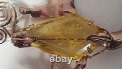Big Vintage Sterling Silver Yellow Rhinestone Bird Flower Pin Brooch