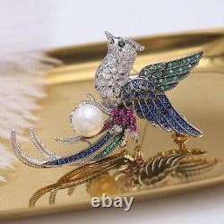 Bird Design with White Round Shape Lab Created Pearl Women's Collection Brooch